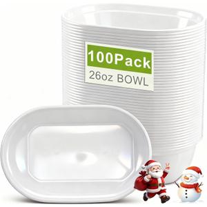 Newtay 100 Pcs White Plastic Bowls 26 oz Oval Disposable Salad Serving Bowls Wedding Food Containers for Soup Fruit Snack Reusable Meal Prep Containers Microwave Safe for Wedding Birthdays Baby Shower