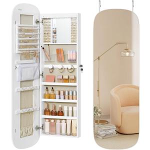 SONGMICS Jewelry Organizer, LED Jewelry Cabinet Wall/Door Mounted, Lockable Rounded Wide Mirror with Storage, Interior Mirror, 3.9 x 16.5 x 55 Inches, White Surface with Greige Lining