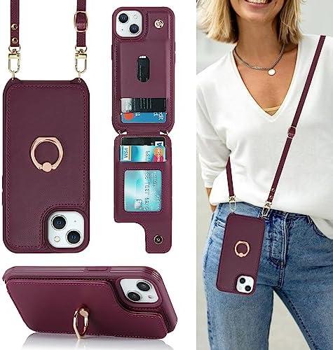 Lipvina for iPhone 15 Case with Card Holder and Strap for Women,Crossbody Lanyard,RFID Blocking,Stand Ring Kickstand,Snap Clasp,Phone Wallet Cases 6.1 inch(Wine Red)