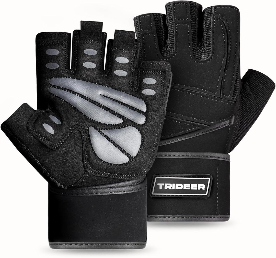 Trideer Workout Gloves for Men, Weight Lifting Gloves with Wrist Wrap Support, Full Palm Protection & Extra Grips for Weightlifting, Exercise, Cross Training, Fitness, Pull-up (Large, Black-Wrist)