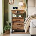Furnulem Night Stand with Charging Station, USB Ports and Outlets, 28.3 Inch Tall Bedside Table with Wood Shelf, 3 Fabric Drawers Side Table for Bedroom, 3 Ways to Use, Rustic Brown