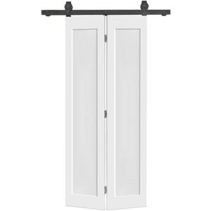 30 in. x 84 in. 1 Panel Shaker Hollow Core White Composite Bi-Fold Door with Sliding Barn Door Hardware Kit