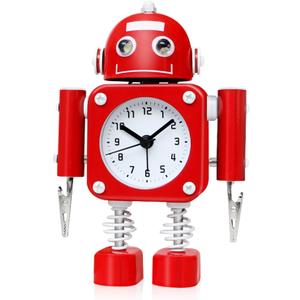 Betus Non-Ticking Robot Alarm Clock Stainless Metal - Wake-up Clock with Flashing Eye Lights and Hand Clip (Ruby Red)