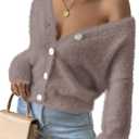 Pink Queen Women's Furry Cropped Cardigan Batwing Sleeves Open Front V-Neck Button Down Loose Casual Knit Sweater Coat (Large)