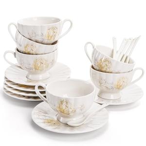 Amazon.com | WRINGKIT Tea Cups and Saucers Set of 6, 7 Oz Floral Tea Cups, White Porcelain Tea Cup with Saucer, British Coffee Cups Sets for Women Teas Party, Cappuccino, Latte, Microwave Safe: Cup & Saucer Sets