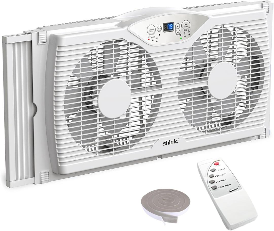 Shinic Twin Window Fan with Reversible Airflow, Thermostat Controlled, 3 Speeds & 3 Functions(Exhaust, Intake & Circulate), 23.8" - 37" Expandable Width for Home Kitchen Use