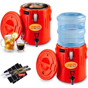 2 Pack Hot Drink Dispenser 3.5 Gallon - Insulated Beverage Dispenser with Leakproof Spigot 304 Stainless Steel Interior Hot Water Dispenser - Portable Cold Water Jug for Outdoor Camping and Party (Red)