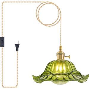 Plug in Pendant Light Vintage, Adjustable Pulley Hanging Lamp with Green Lily Glass Shade, Brass Hanging Lights with Plug in Cord, Gold Hanging Pendant Light for Bedroom Living Room Kitchen