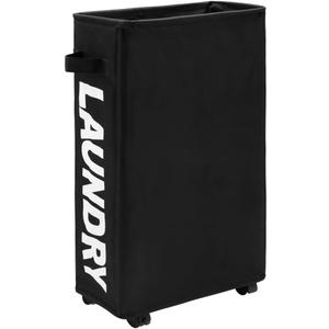 25" Slim Rolling Laundry basket on Wheels, 50L Collapsible Narrow Corner Laundry Hamper, Foldable Storage Bins, Black