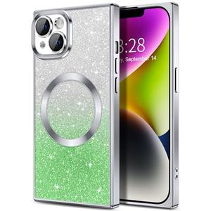 Hython for iPhone 14 Case Clear Magnetic Glitter Phone Cases [Compatible with MagSafe] Full Camera Lens Protector Gradient Sparkle Luxury Plating Shockproof Protective Cover Women, Straight/Silver