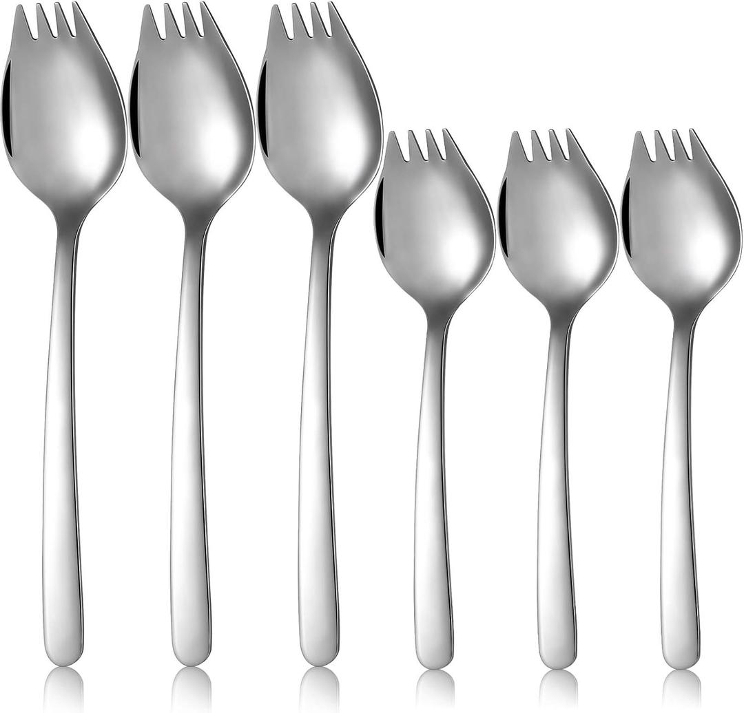 6 Pieces Stainless Steel Sporks Spoon Fork for Everyday Use, Kitchen Tools Metal Ice Cream, Cake, Salad, Fruit, Dessert, Noodles, Pasta Sporks Spoons, 2 Sizes