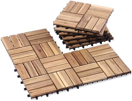 VICTORY RELAX Acacia Wood Flooring Interlocking Deck Tiles for Patio Decor 9 Pcs 12 Slats - Waterproof Indoor & Outdoor Decor - Balcony Garden Decking Tile (11,81 * 11,81 * 0,94 Inches)