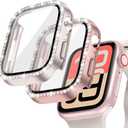 Goton 2-Pack Bling Case for Apple Watch Screen Protector 44mm SE 3/2/1, Series 6 5 4, Women Diamond Rhinestone Bumper Face Cover for iWatch Accessories 44 mm (Starlight+Rose Gold)