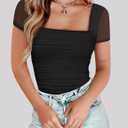 Chunpin Women's Square Neck Bodysuit Ruched Top Mesh Long Sleeve Bodysuits Thong Body Suits Leotard Shirt Going Out, M