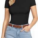 Women's Short Sleeve Thong Bodysuits Crew Neck Stretchy Body Suits Basic Outfit T Shirts Summer Tops 2026 (Black, M)