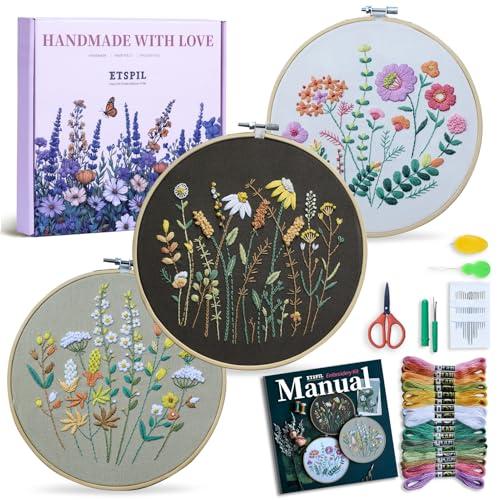 ETSPIL 3 Pack Beginner Embroidery Kits for Adults, DIY Starter Set with Stamped Flower Designs, Embroidery Hoop, Colorful Threads, Tools, Step-by-Step Instructions & Video Tutorial