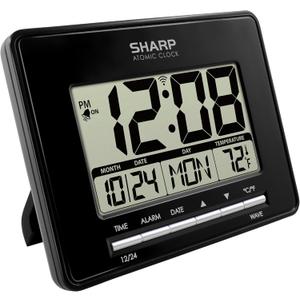 Sharp Atomic Desktop Clock  Auto Set Digital Alarm Clock - Atomic Accuracy - Easy to Read Screen with Time/Date/Temperature Display- Perfect for Nightstand or Desk