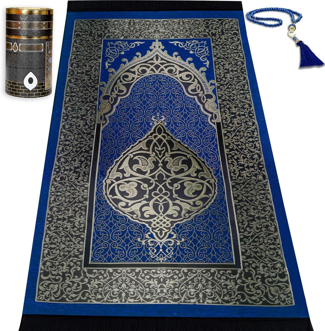 Muslim Prayer Rug Islam and Beads, Kaabe Design Box Eid Ramadan Gifts Islamic Set Carnal Salah Mat Taffeta Fabric Black Soft Prayer Mats Men and Women (Blue)