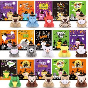 15 Sets Halloween Mini Stuffed Animals Bulk with Cards Soft Plush Toy with Witch Hat Stuffed Mini Halloween Plush Doll for Party Favors Goodie Bag Filler