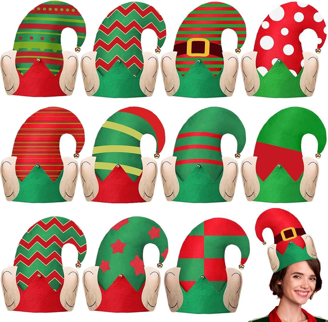 Christmas Elf Hats with Ears Holiday Elf Santa Hat with Bell Xmas Elves Accessories for Party Decoration