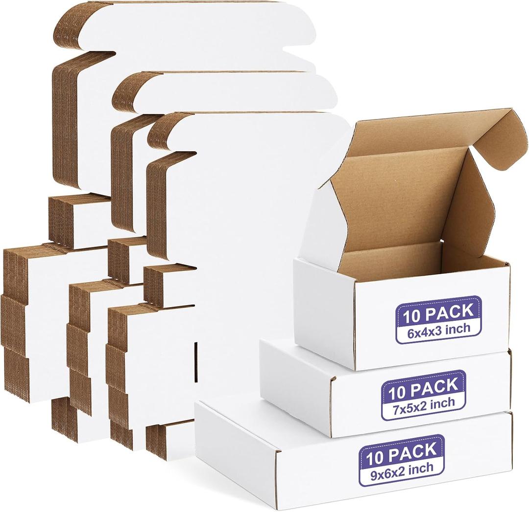 Eupako 30 Pack Small Shipping Boxes Assorted Sizes, 6x4x3, 7x5x2, 9x6x2-10 PCS Each Small Boxes, White Corrugated Box Mailers, Cardboard Boxes for Packaging Small Business, Mailing