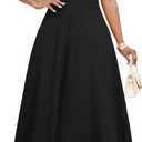 MarryUP Women's Midi Dresses - V Neck Cocktail & Church Tea Dresses - Short Sleeve A-Line Swing Dress (Black, XXL)