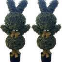 36'' Artificial Bunny-Shaped Topiary Double Ball Tree Pot UV-Resistant Bowknot Easter Decor Faux Boxwood Topiaries Plant for Porch Decor Outdoor/Indoor 2 Pack