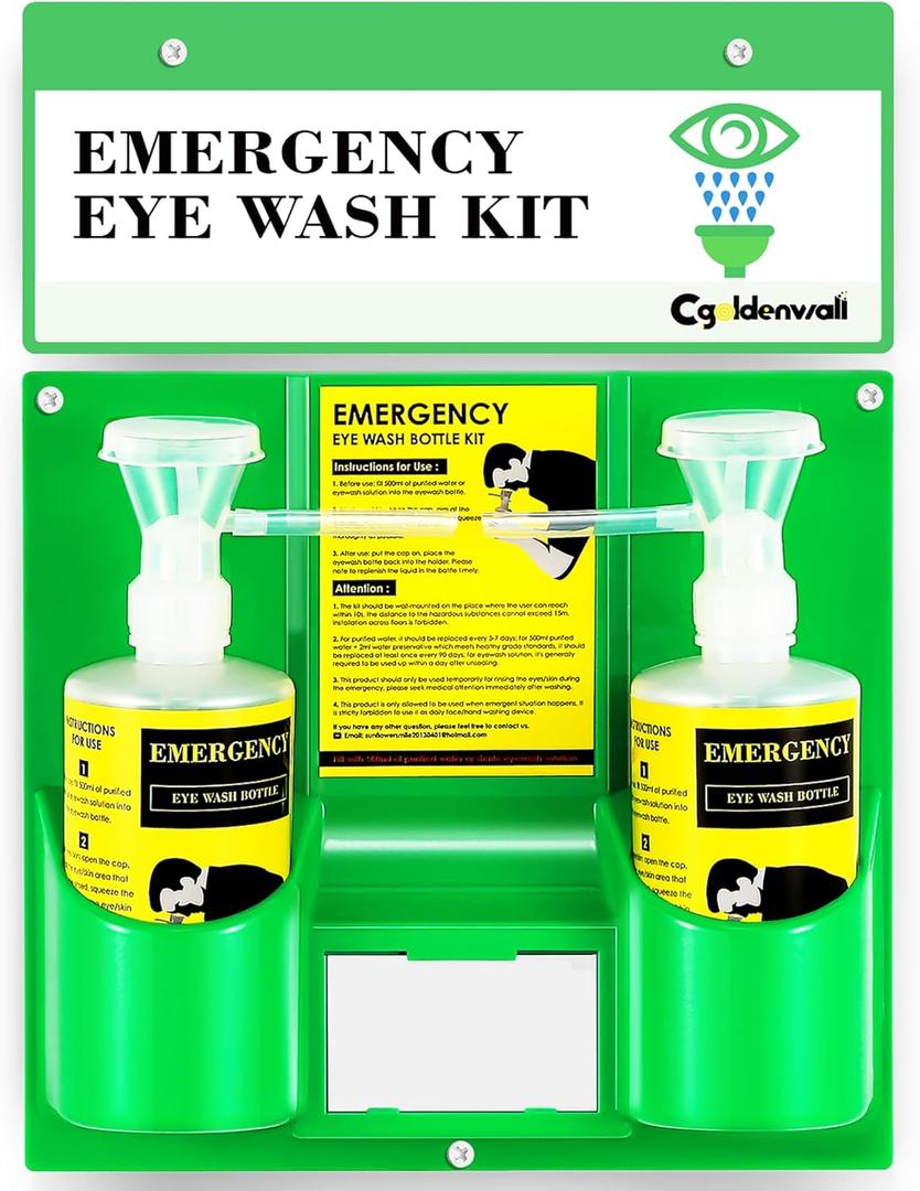 CGOLDENWALL Eye Wash Station Portable Emergency Eye Wash Kit, Wall Mounted Eyewash Station OSHA Approved, 2 * 16.9oz Bottles, with Mirror & Emergency Sign, Safety Material, NO Solution