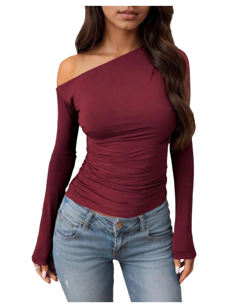 SOLY HUX Women's Off The Shoulder T Shirt Long Sleeve Asymmetrical Neck Ruched Fitted Tee Going Out Tops Pure Burgundy X-Small (XS)