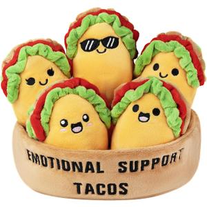 Emotional Support Taco Plush, Funny Cute Cuddly Plushies and Toys, Inspirational Motivational Encouragement Gift for Women Men, Includes 5 Soft Emotional Support Plushies Food with Carry Basket