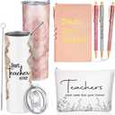 Domensi 6 Pcs Teacher Appreciation Gift Set for Women Staff 20 oz Marble Sign Tumbler Inspirational Ballpoint Pen Notebooks with Makeup Bag Teacher Thank You Gifts(Rose Pink)
