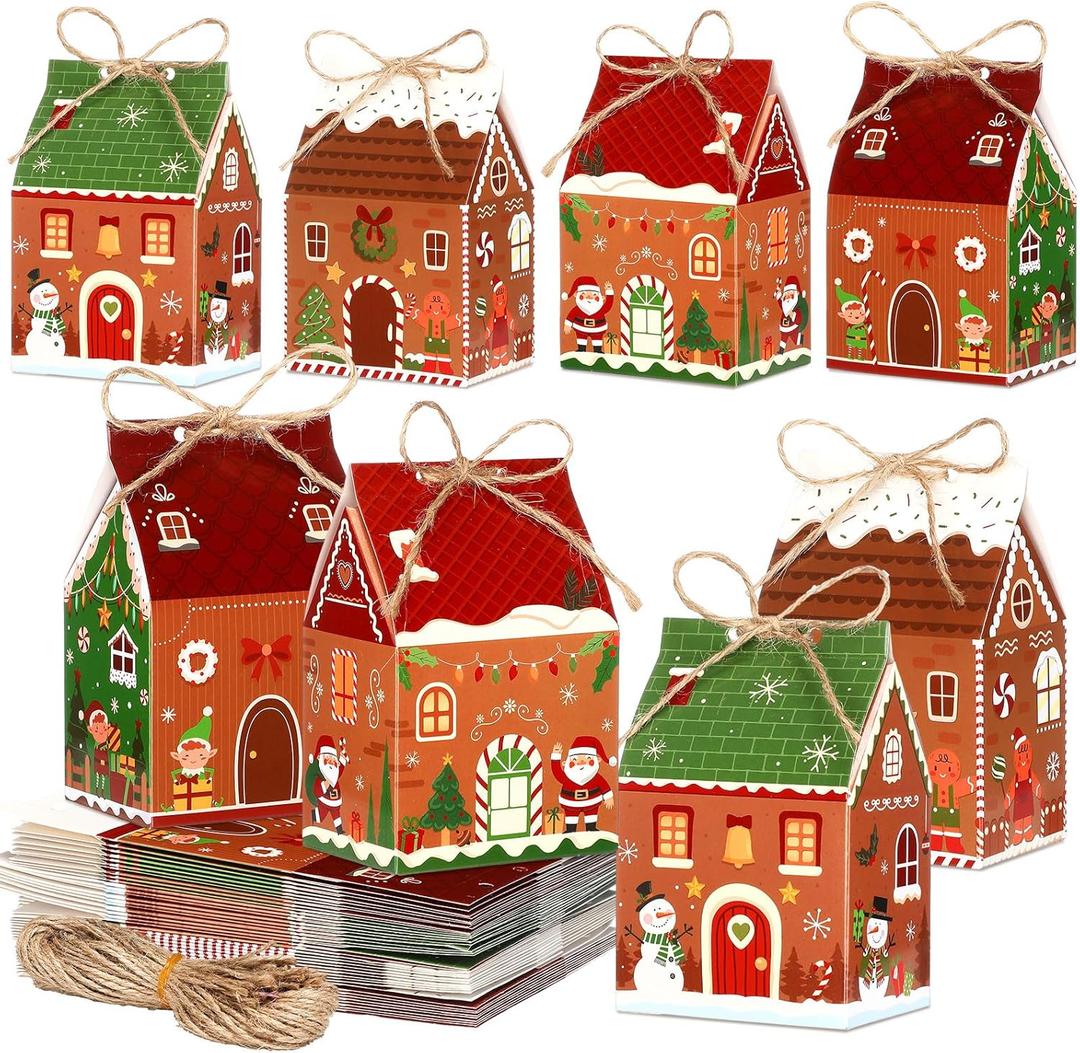 Zhanmai 48 Pcs Christmas Treat Boxes Candy Village Vintage Mini Gingerbread House Favor Box Christmas Party Paperboard Gift Boxes for Xmas Holiday Party Treat Cookie Goodie Snack Gift Packaging