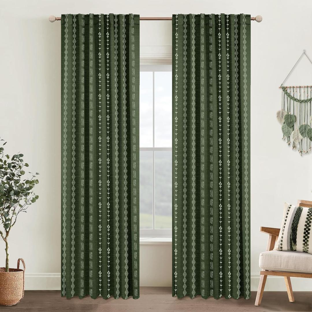 Dark Olive Green Curtains for Bedroom,Boho Floral Back Tab Semi Blackout Mid Century Modern Curtain Drapes 84 Inch Length 2 Panels Set (50"W x 84"L (Pack of 2))