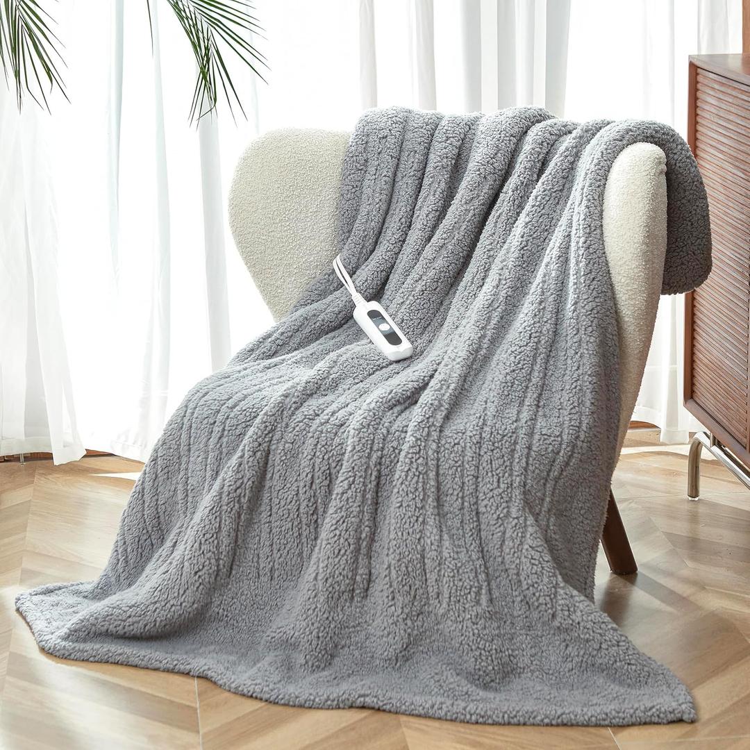 Heated Throw Blanket Double Sided Sherpa, Soft Heating Electric Blanket for Bed, Automatic Safety System, 6 Heating Levels & 4 Hours Auto-Off, 50"x60" Arctic Grey