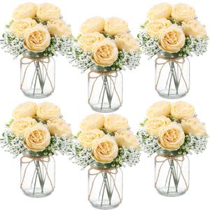 Zeyune Mason Jar Centerpiece Table Decorations, Artificial Peony Baby's Breath Flower Bouquets, Faux Flowers with Vase, Rustic Decor Gifts for Home, Wedding, Holiday(6 Sets,Champagne)