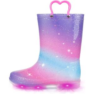 EUXTERPA Toddler Kids Waterproof Light Up Rain Boots Patterns and Glitter Boots with Handles for Boys Girls (Purple Gradient, 10)