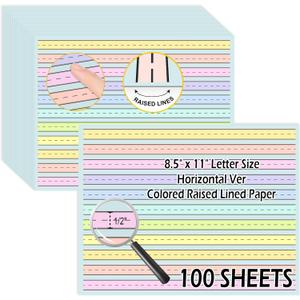 100 Sheets Horizontal Handwriting Paper Raised Line Paper Wide Ruled 0.5 Inch Kindergarten Writing Paper with Lines 8.5"x 11" Colored ADHD Writing Practice for Kids Learning Multi Sensory Dysgraphia