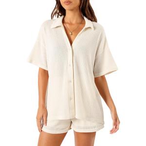 Tankaneo Womens Ribbed Knit 2 Piece Pajama Sets Button Down Short Sleeve Tops and Shorts Set Summer Casual Loungewear (Small, Beige)