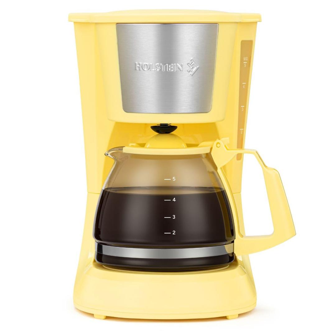 Holstein Housewares 5 Cup Drip Coffee Maker  Compact and User-Friendly with Auto Pause & Serve, Reusable Filter, Measuring Spoon & Glass Carafe, Office & Dorm Use, Yellow