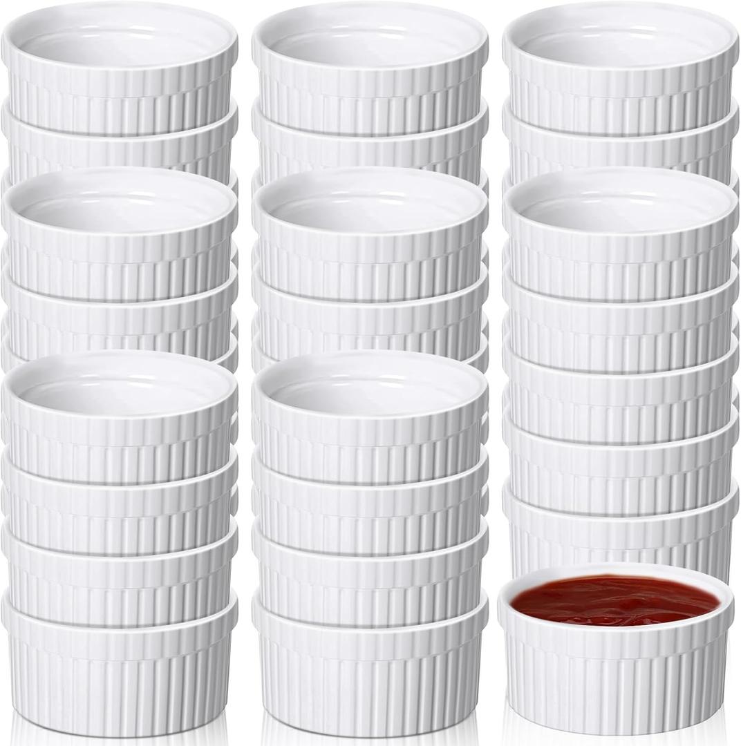 Ziliny 36 Pcs Mini Ramekins 2 oz Porcelain Souffle Oven Dishwasher Safe Small Ceramic Baking Dipping Sauce Ramekins for Charcuterie Board Creme Brulee Dishes Condiment Sauce Dipping Cups