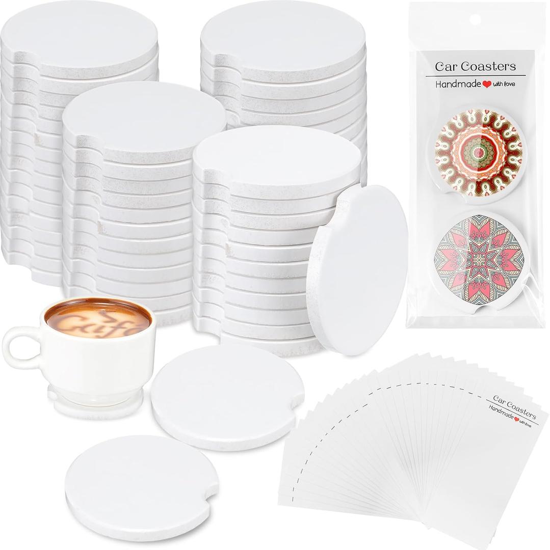 Zhehao 150 Pcs Ceramic Car Coasters with Bags and Cards 2.64'' Sublimation Coasters Blanks Ceramic Car Cup holder with A Finger Notch for Easy Removal Packaging for Selling