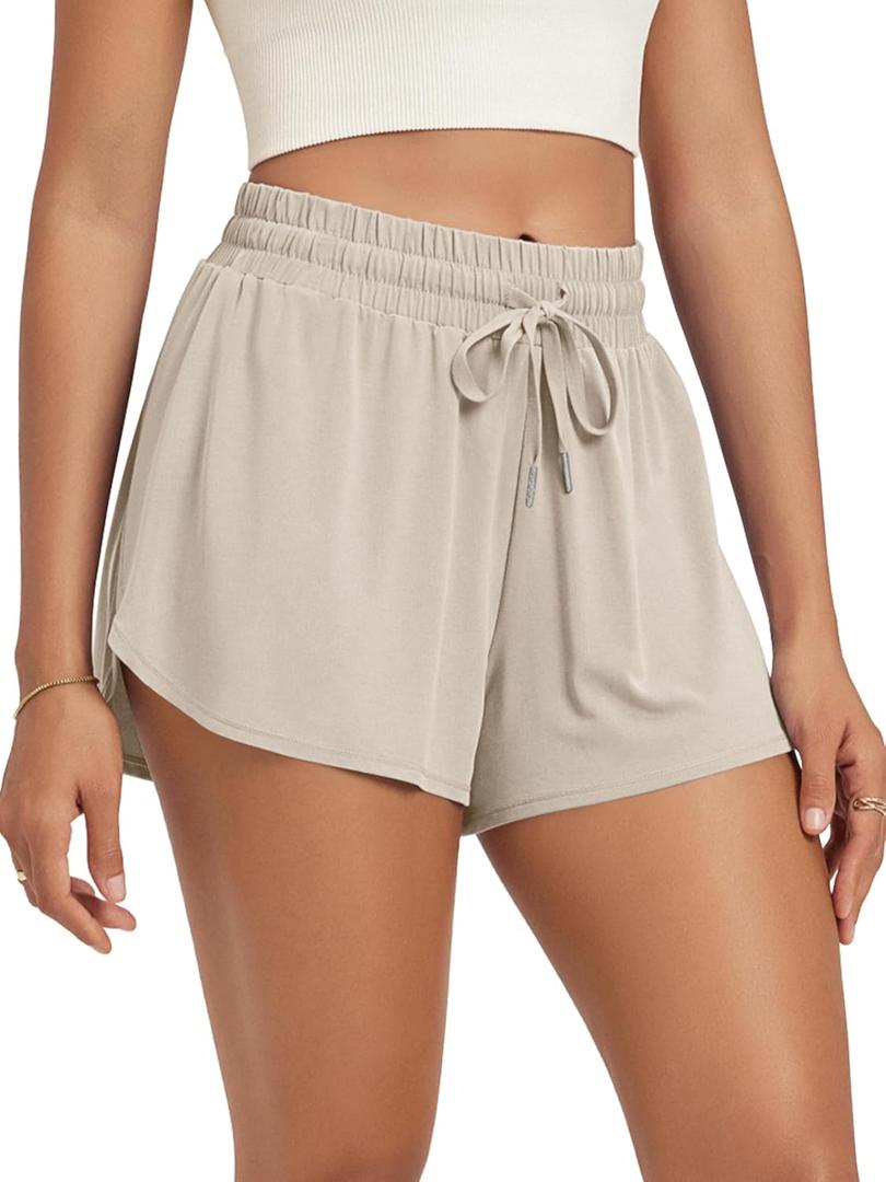 ODODOS Women's PeachSoft Lounge Shorts Drawstring High Waist Sleepwear Relaxed Fit Cozy Pajama Bottom (Beige), S