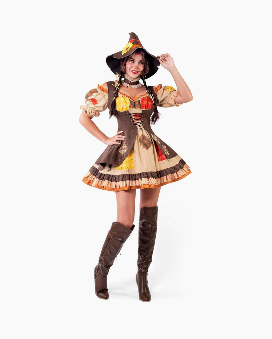 Spooktacular Creations Women Brown Scarecrow Dress with Hat, Collar Costume Set for Adult Halloween Dress Up Party Cosplay, S (Shoes are Not Included)