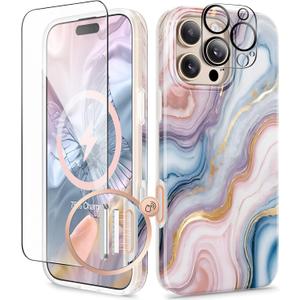 GVIEWIN for iPhone 16 Pro Case Compatible with MagSafe, with Screen & Lens Protectors, Military-Grade Protection Slim Marble Shockproof Magnetic Phone Case for 16 Pro 6.3", Swirls/Colorful
