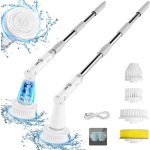Electric Spin Scrubber, 2024 New Bathroom Cleaner, Power Shower Cleaning Brush with Extendable Handle & 4 Brush Heads, Shower Scrubber for Bathtub Tile Grout Kitchen Window and Floor (White/Gray)