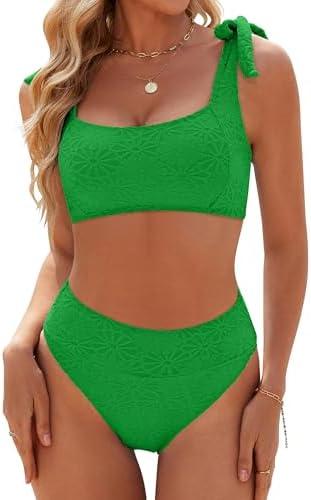 Blooming Jelly Womens High Waisted Bikini Set Tie Strap Jacquard Terry Cloth 2 Piece Swimsuit Modest Cute Retro Bathing Suit Size L