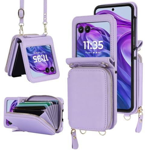 Asuwish Phone Case for Motorola Razr Plus 2025/Moto Razr 60 Ultra Wallet Cover with Credit Card Holder Zipper Crossbody Strap Lanyard RFID Blocking Purse Cell RazrPlus Plus2025 + 5G Women Girls Purple