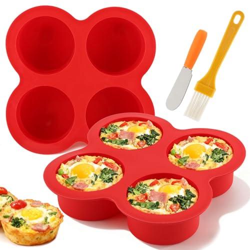 2 Pack Air Fryer Egg Bite Molds, 4 Cups Mini Round Muffin Pans, Silicone Egg Bite Molds with Spreader＆Oil Brush Nonstick Air Fryer Baking Pan for Cupcake,Muffin,Tart,Frittata,Quiche
