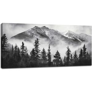 Large Canvas Wall Art Decor for Living Room Bedroom Black and White Misty Forest Pictures Foggy Mountain Nature Landscape Painting Prints Framed Artwork Decoration Home Office 60"x30"