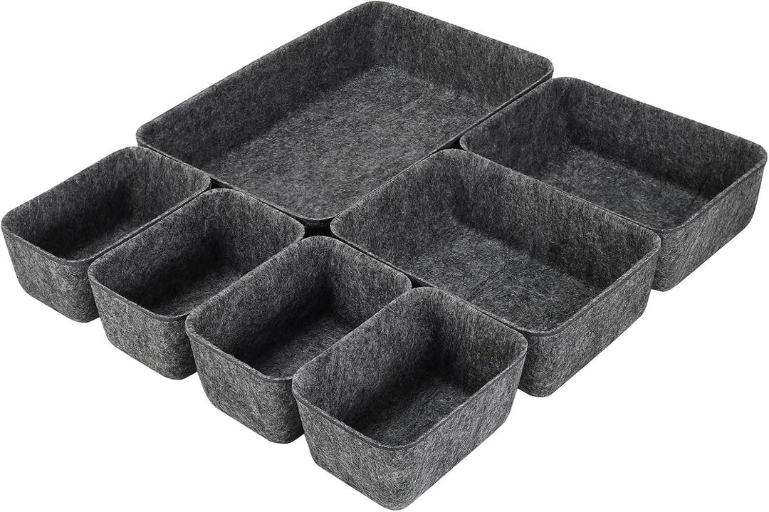 Desk Drawer Organizer Tray Dividers Set Kitchen Bathroom Office Drawer Organizers Separators Shallow Felt Storage Bins Container for Makeup Juck Jewelry Utensils Tools Dresser, Grey, 7 Pack